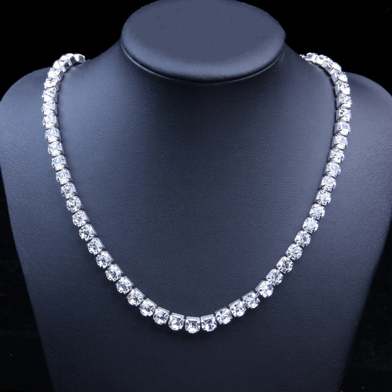 

2020 New Crystal Tennis Necklace Chain Silver Gold Plated Rhinestone Diamond Necklace, As pictures
