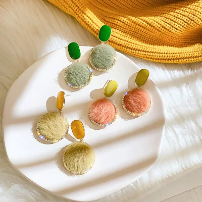 

New Design Candy Color CZ Circle Hair Ball Earrings Oil Dripping Oval Round Pompom Ball Drop Earrings