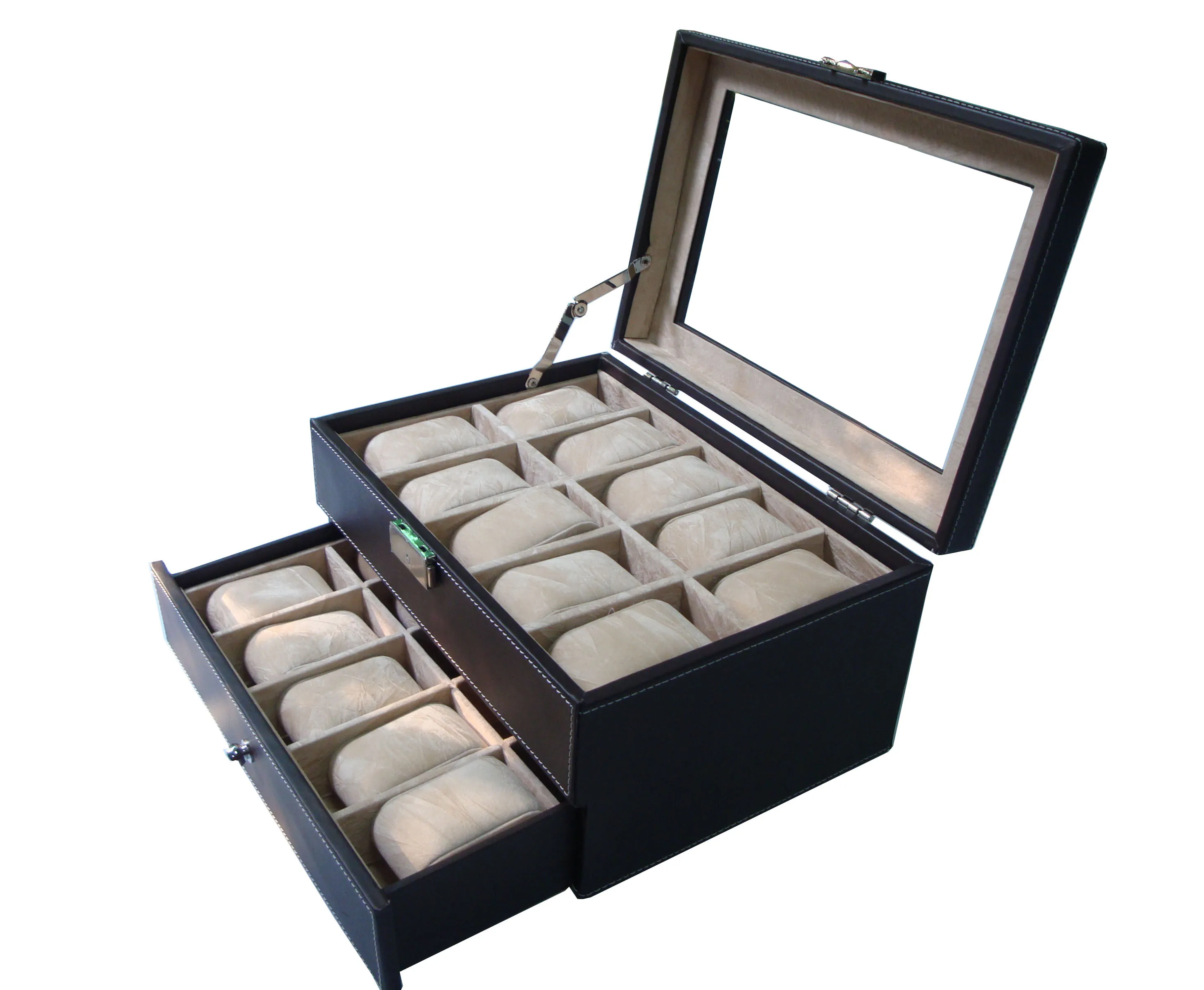 
Watch Box Organizer 10+10 Men Display Storage Case Jewelry Box Metal Hinge Black PU Leather Glass Top Large Holder 