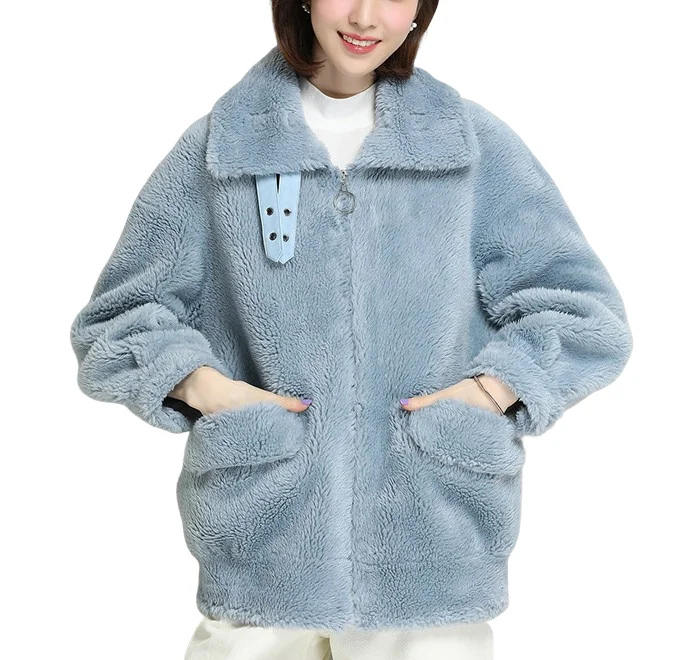

Chinese clothing factory wholesale ladies korea loose turn down collar round collar faux shearling coat
