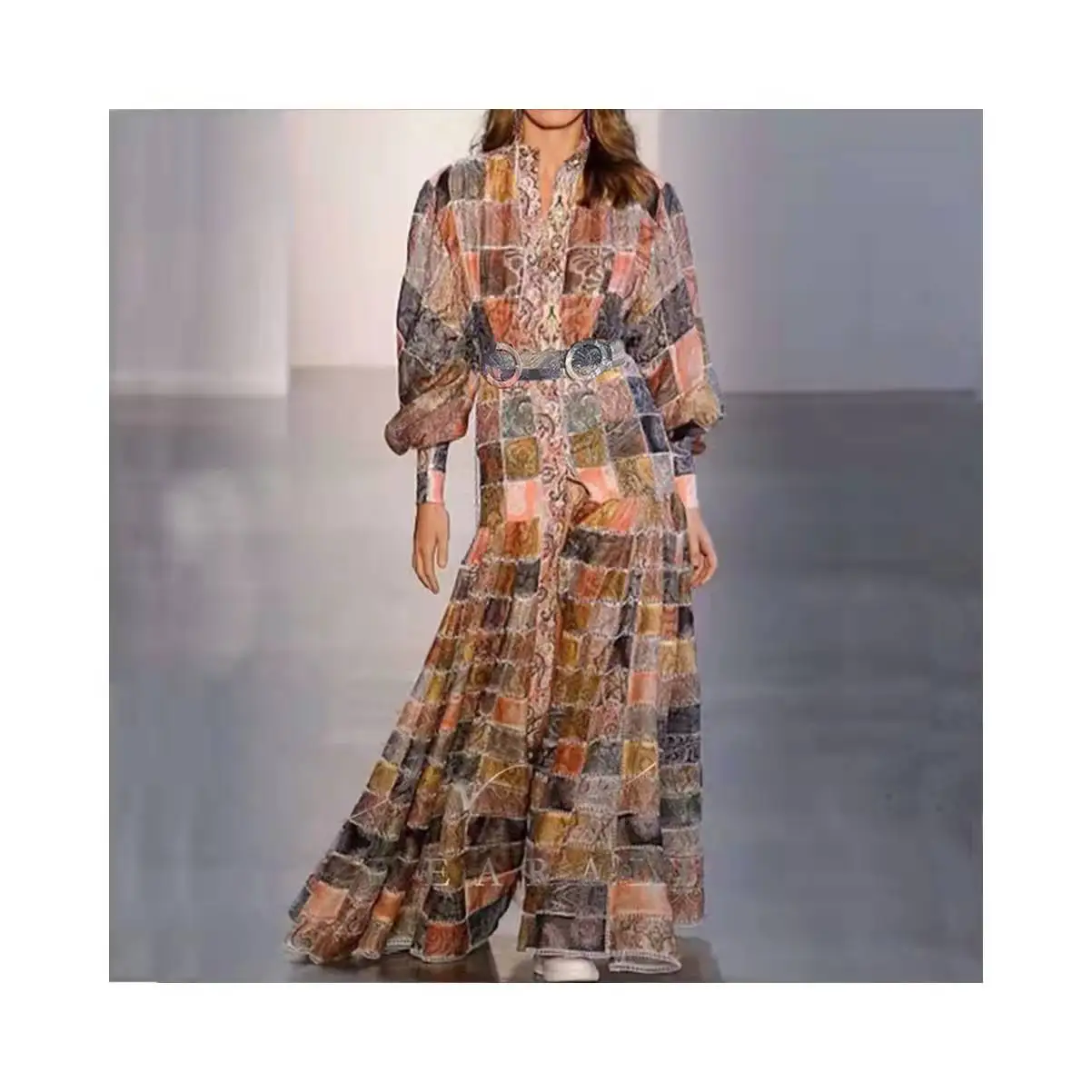 

high quality elegant high collar Single breasted long sleeve Color Blocking print zimmermann autumn casual dresses women, Muticolor