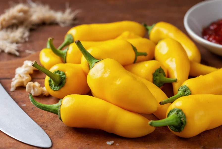 Close-up of fresh aji amarillo peppers on a wooden cutting board with traditional Peruvian cooking utensils