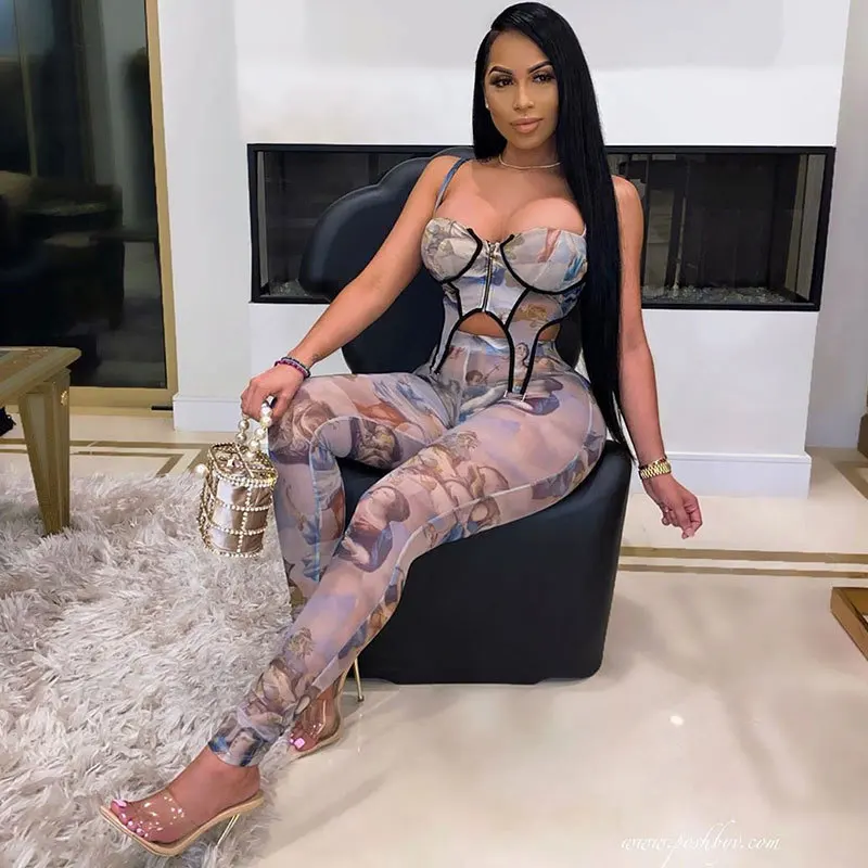 

2021 New Design Women Clothing Low-cut Sling Print Zipper Straps With A Vest And Trousers Casual Two Piece Pants Set