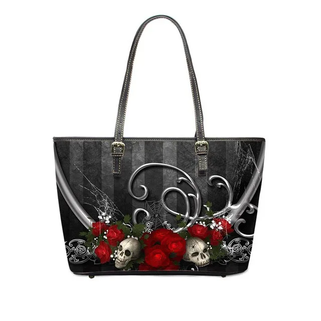 

Pu Leather Handbag Women Rose Skull Print Ladies Shoulder Gothic Bags Lurury Female Large Capacity Top-handle Mujer, Customized