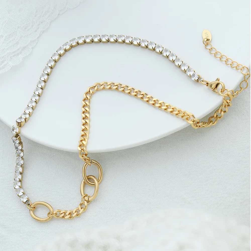 

Fashion Women Luxury Jewelry Stitching Stainless Steel 18K Gold Plated Diamond Cz Zirconia Chain Necklace