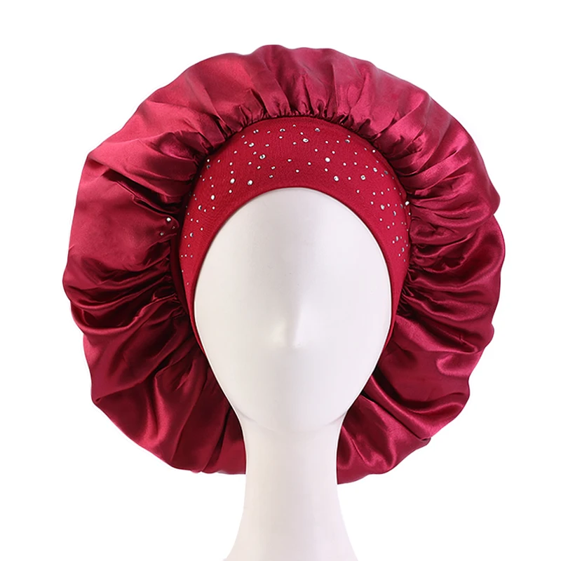 

Stock Luxury Large Wide Band Sleep Bonnet Cap with Rhinestone Blinged Headband Women Satin Hair Bonnets