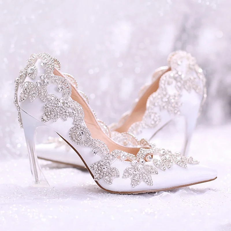 

P:rincess Wedding Party High Heels Shiny Crystals White Bridal Shoes 2021, As picture