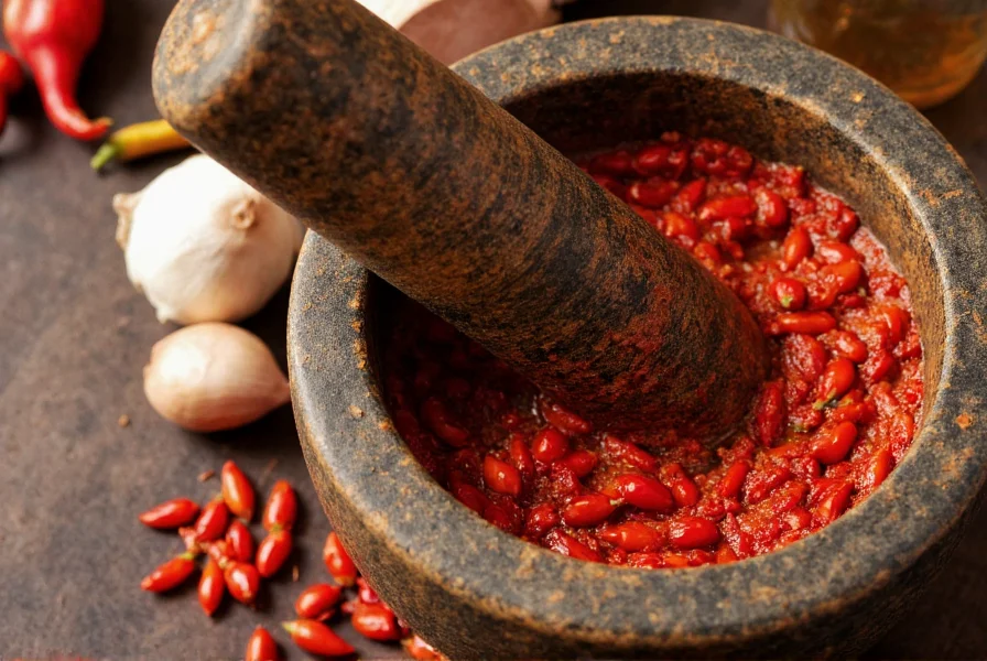 Traditional Thai mortar and pestle with red chili paste ingredients including bird's eye chilies, garlic, and shallots