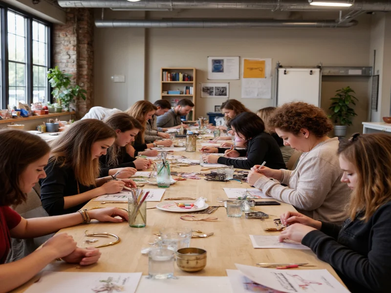 Group of people working on craft projects at Austin community workshop