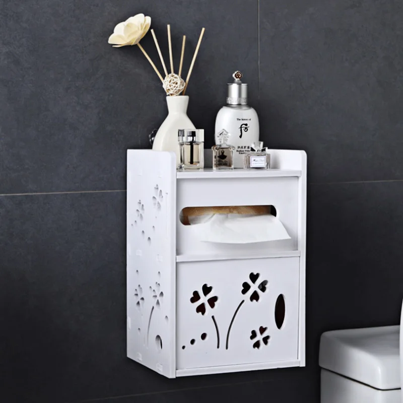 

Toilet Paper Tower Holder with Shelf Plastic Pads Storage Cabinet with Phone Shelf Wall Mounted Bathroom Tissue Holder