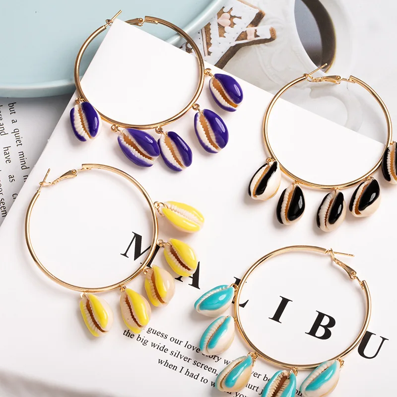 

2019 new European Bohemian exaggerated colorful drip natural big large seashell enamel conch hoop circle round earrings cowrie, Picture