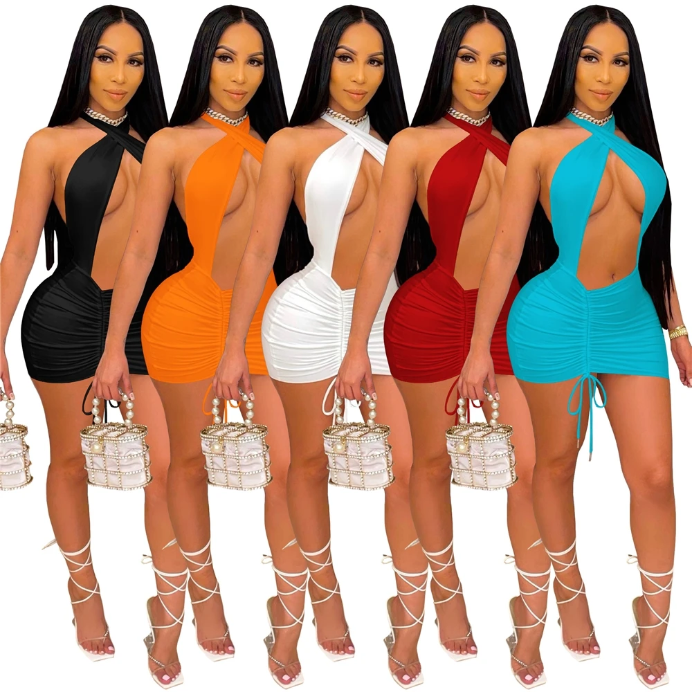 

2021 Fashion New Summer Pure Color Nightclub Style Halter Neck Pleated Sexy Dress Drawstring Halter Mini Dress for Women, As picture or customized make