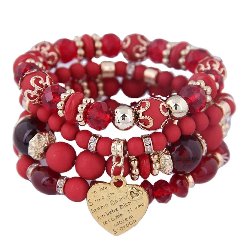 

Retro Color Bead Chain Bracelet Multilayer Alloy Goldtone Heart Charm Jewelry for Women Girls Travel Gifts