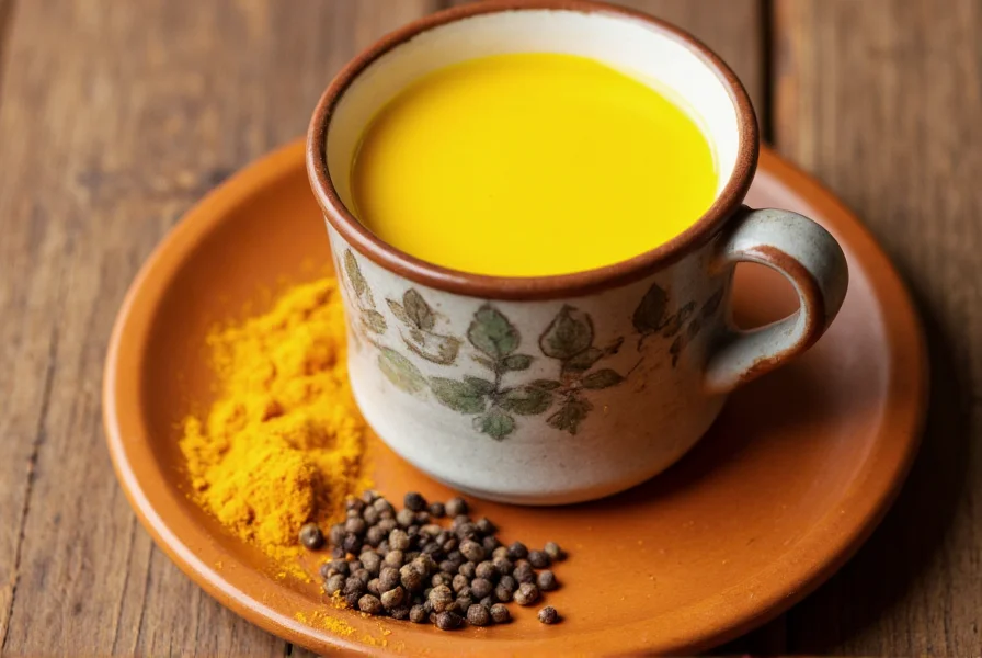 Golden milk in a ceramic mug with turmeric powder and black pepper visible beside it on a wooden table