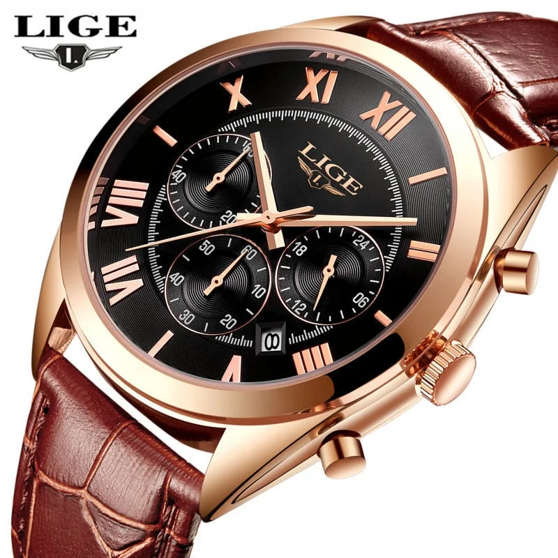 

LIGE Watch 9806 Fashion For Mens Casual Waterproof 24 Hour Date Clock Watch Brown Leather Watches Men Wrist Relojes Hombre, As shown