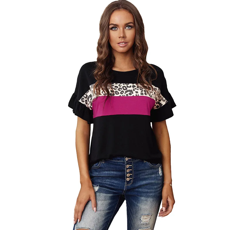 

Factory Customized Oversized Leopard Print Color Block Short Sleeve Shirt Graphic Tees Women, Customized color block t shirt