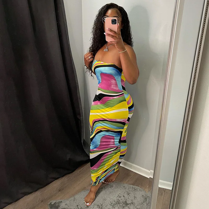 

2021 New Dress Women Strapless Off Shoulder Tie Dyeing Print Robe Bodycon Maxi Pencil Dress Party Clubwear, Shown