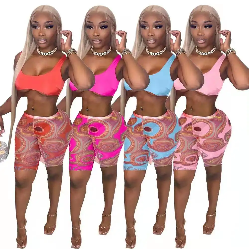 

newcome 2022 Fashion Summer New Solid Color Sleeveless Vest And Paisley Print Tight Shorts Two-piece Set, Picture