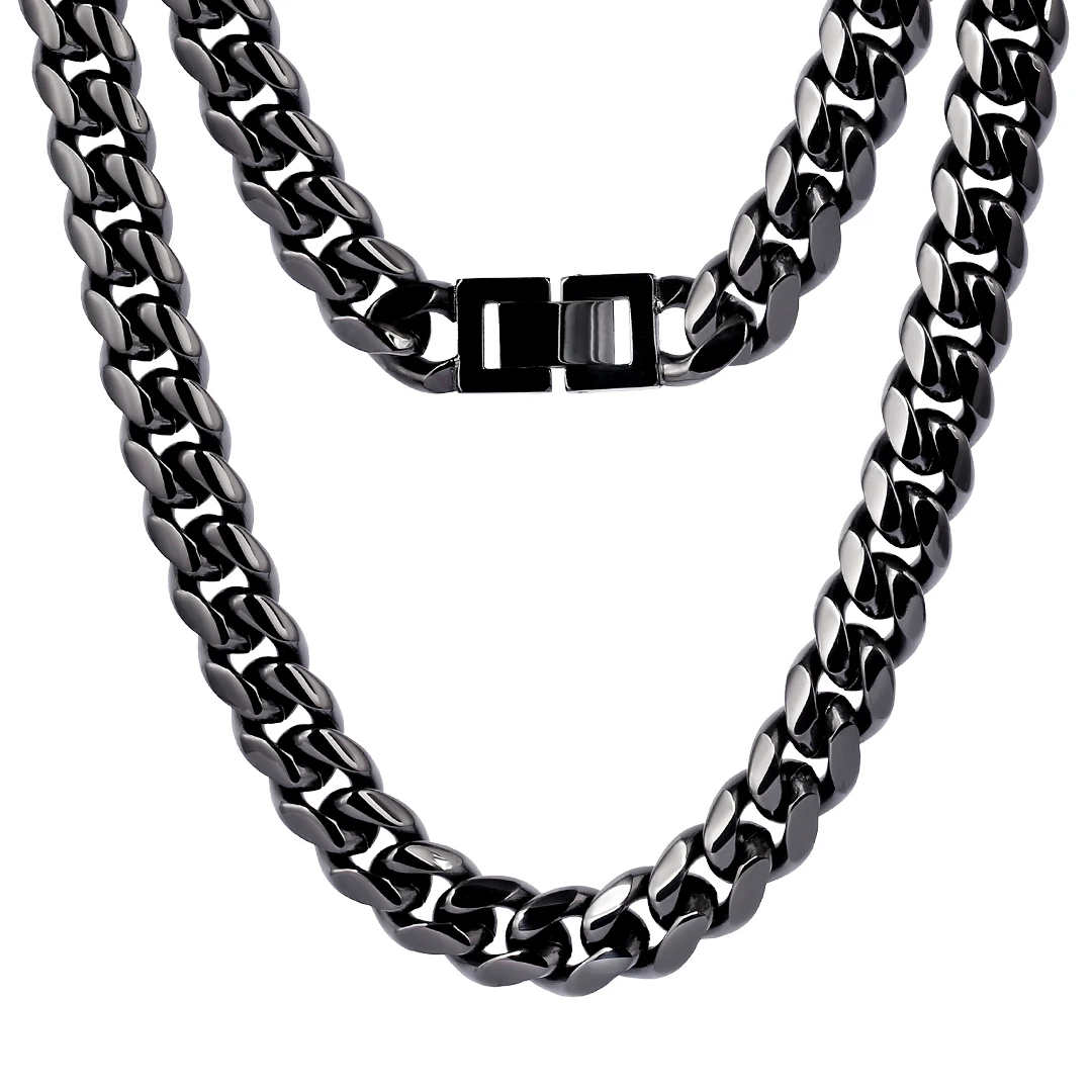 

KRKC Drop Shipping From China 1pcs Service 10mm Black Gold Plated Miami Stainless Steel Hip Hop Jewelry Cuban Link Chain