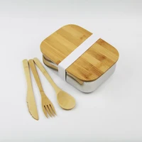 

Eco friendly custom logo bamboo lid stainless steel bento lunch box food container with bamboo cutlery
