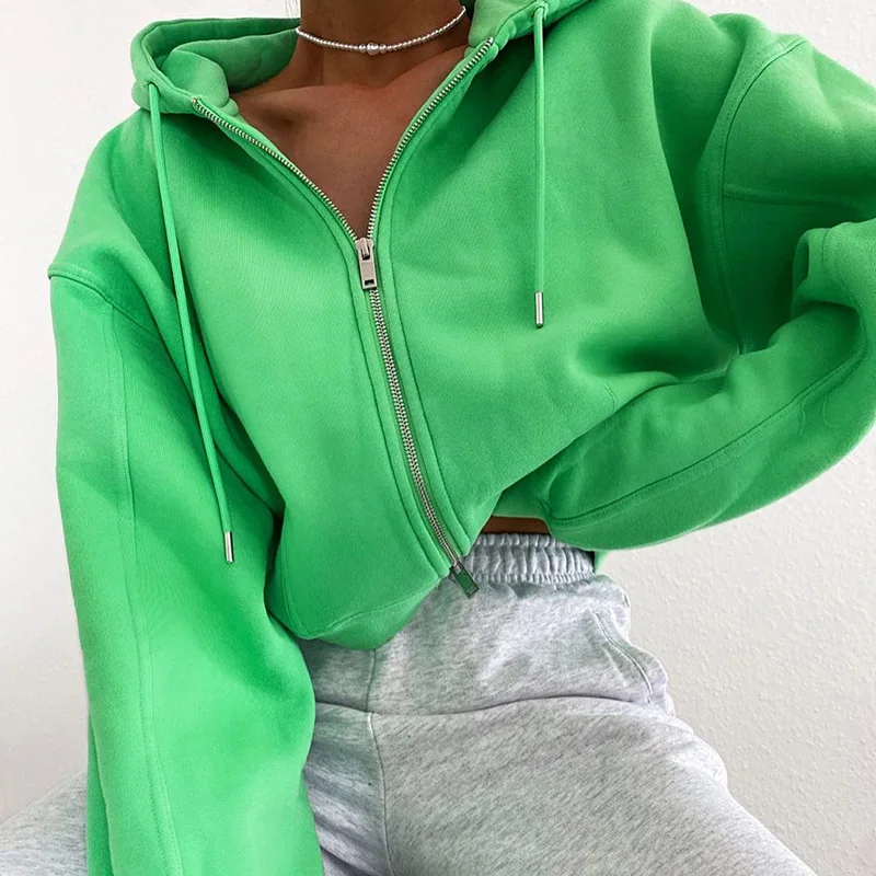 

Hooded Cardigan Green Pullover Cropped Hoodies Women Crop Top Hoodie Sweatshirt