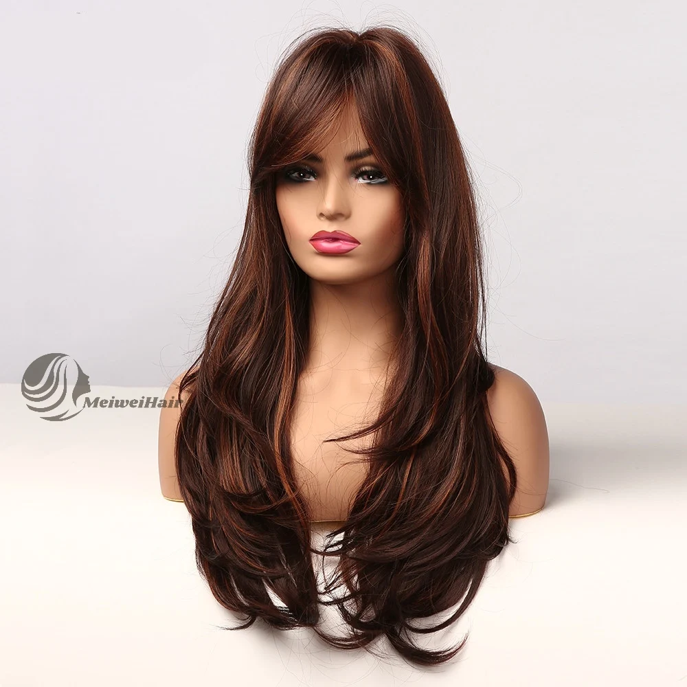 

Hot Fashion Meiwei 2021 Soft Synthetic Wigs Long Wavy Natural Free Part Bangs Brown