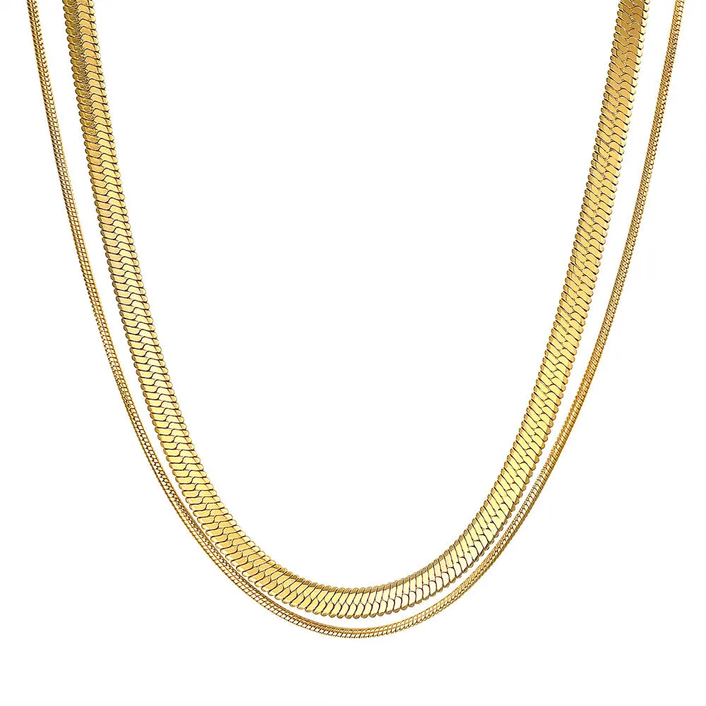 

18K Gold Plated Multi Layered Stainless Steel PVD Plating Round Herringbone Chain Two Layers Snake Chain Necklace, Silver/ gold/rose gold