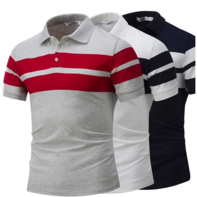 

2021 Fashion Boy Summer Black White Gray Short Sleeve Striped Casual Tops Original Men Polo Shirts, As picture shown