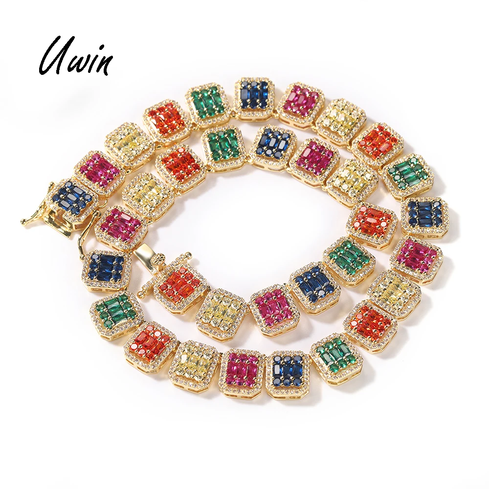 

UWIN Iced Out Color CZ Square Chain Colorful Bracelet Necklace Baguette CZ Chain Women Men Bling Rapper Jewelry
