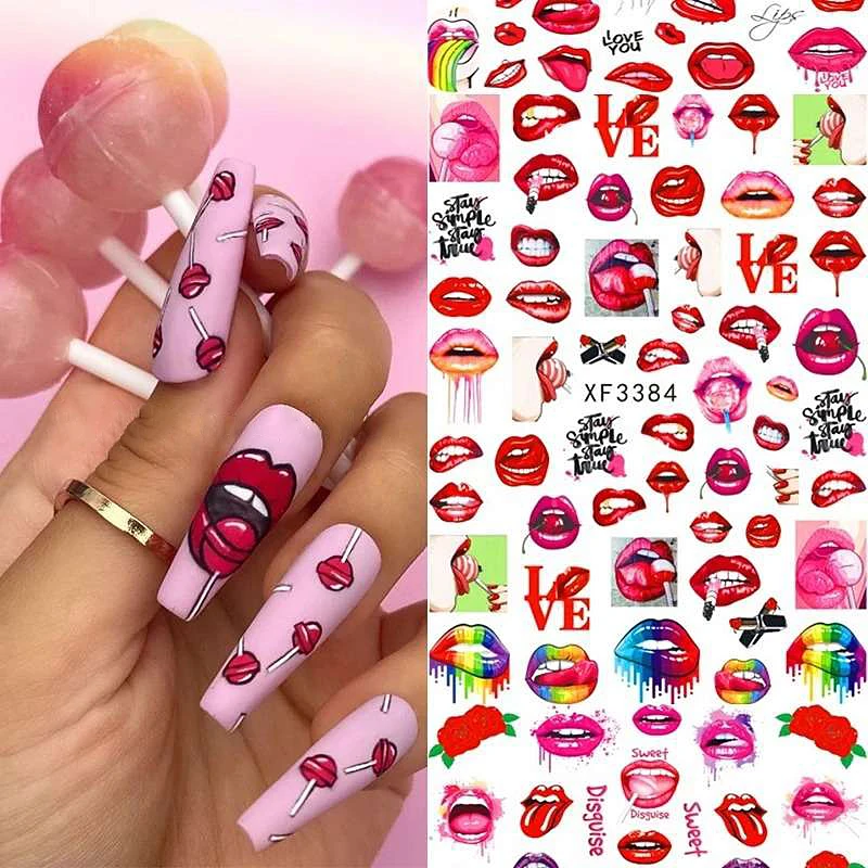 

2021 Hot Valentine's Day Fashion 3D Lip Nail Sticker Art Manicure Designs Sexy Lips Girl Self Adhesive nail art decals, Aurora colorful