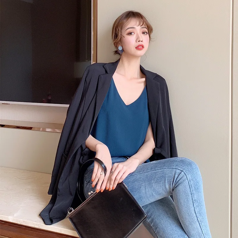 

Plus Size Chiffon Back Cross Design Women Blouses Summer Sleeveless V-Neck Female Shirts, As the pictures shown