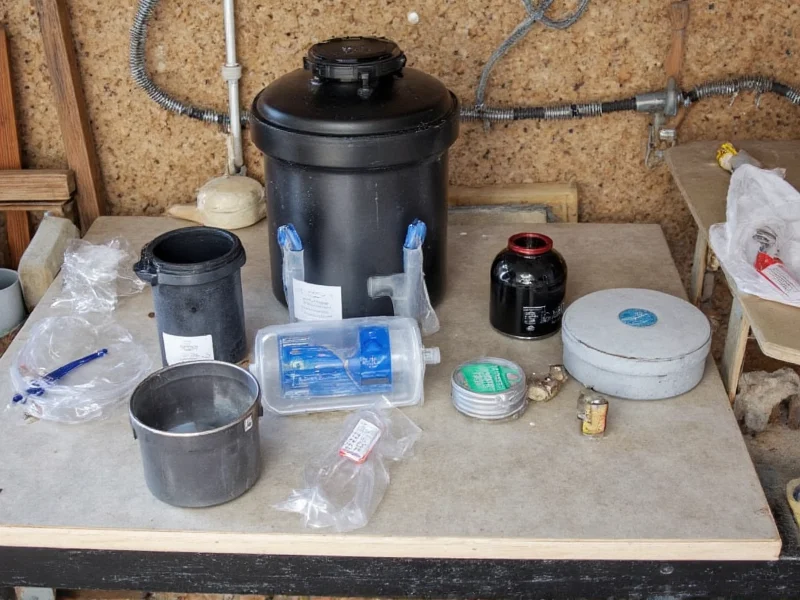 DIY pond filter components laid out on workbench