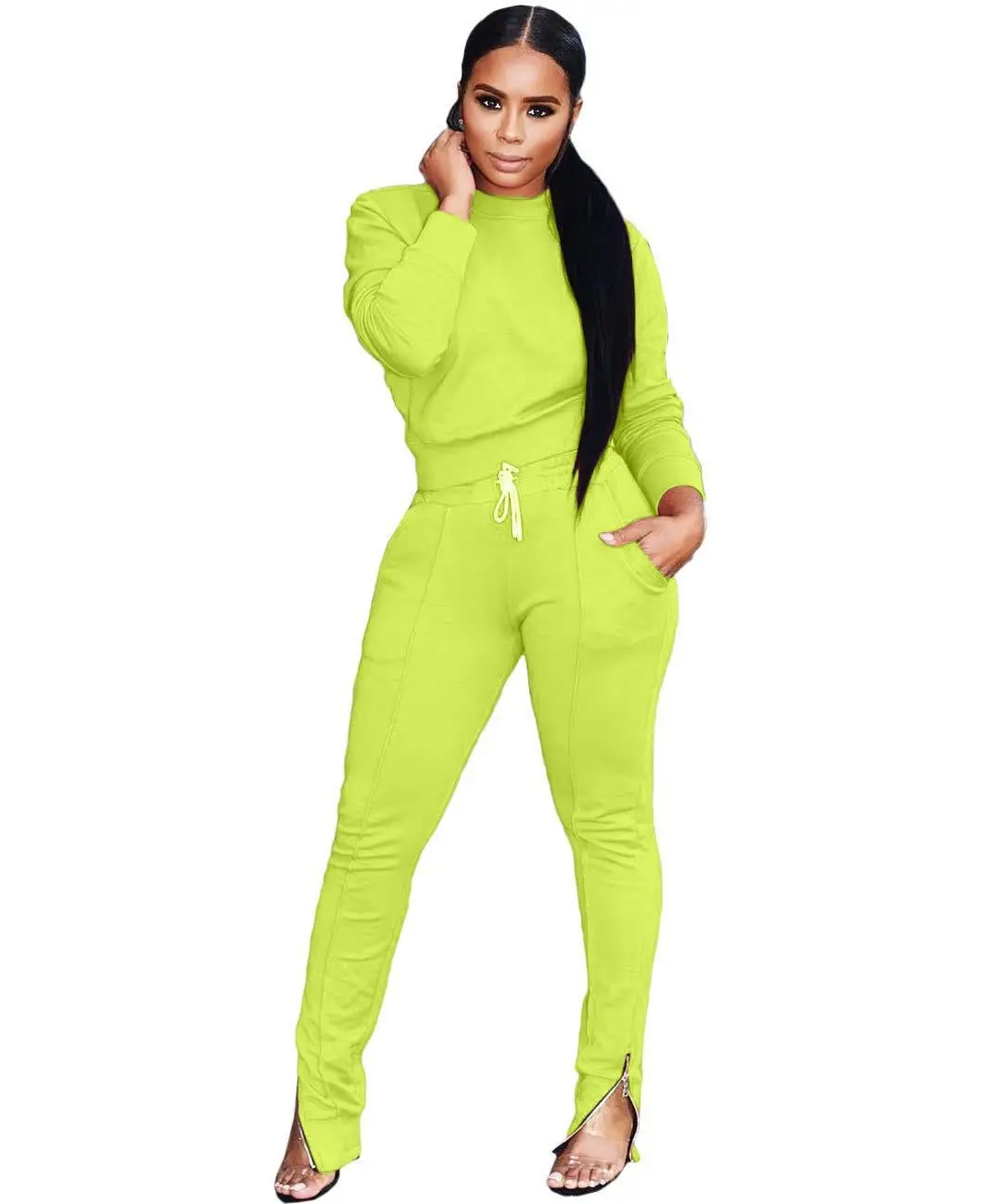 

Fashion Solid Color Long Sleeve Sweatshirt Sports Wear Drawstring Tracksuit Foot Zipper Outfits Track Suit For Women