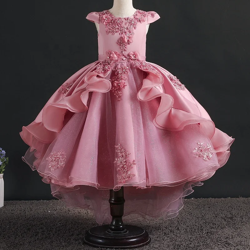 

High Quality Long Train Tail Beading Baby Girls Party Frocks Elegant Wine Birthday Dancing Festival Party Dresses, 5 colors as pictures