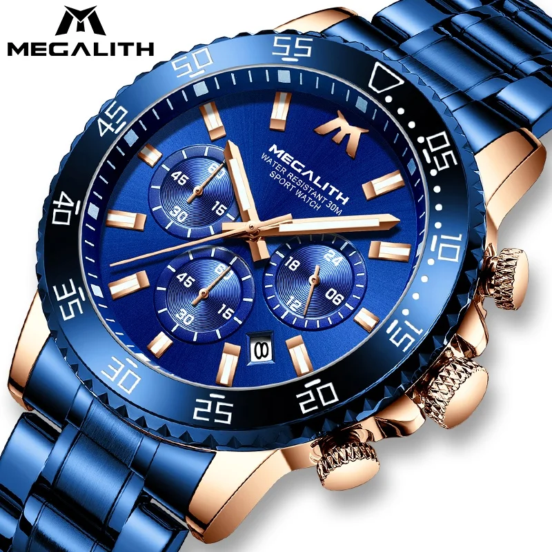 

MEGALITH Men Quartz Watch Blue Stainless Steel Waterproof Luminous Analogue 24-hour Luxury Wristwatch For Man Chronograph Clock