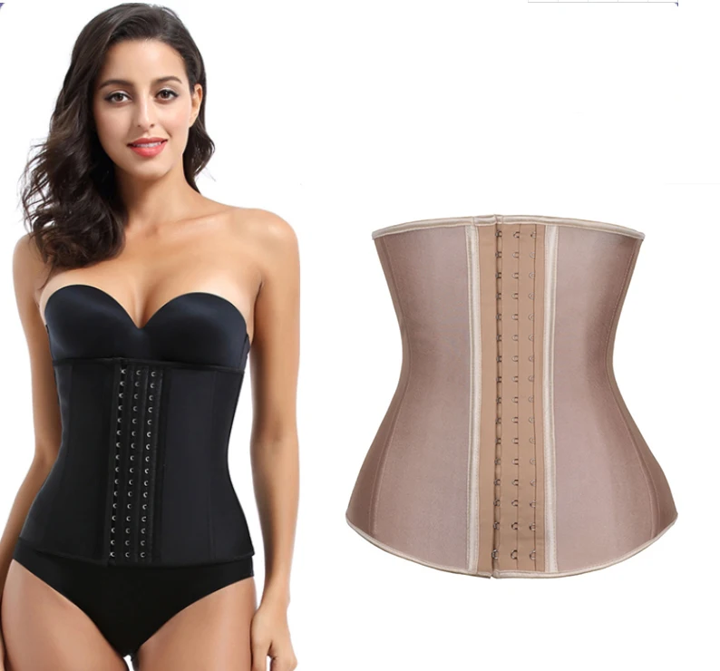 

Fajas Colombiana 3 hook Latex Waist Trainer 9 Steel Boned Corset, Beige, black