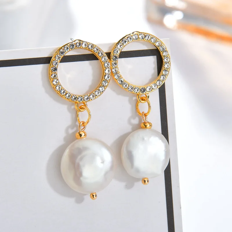 

High Quality 18k gold Crystal Circle Stud Hypoallergenic Post Natural Freshwater Flat Pearl Drop Earrings, As pictures