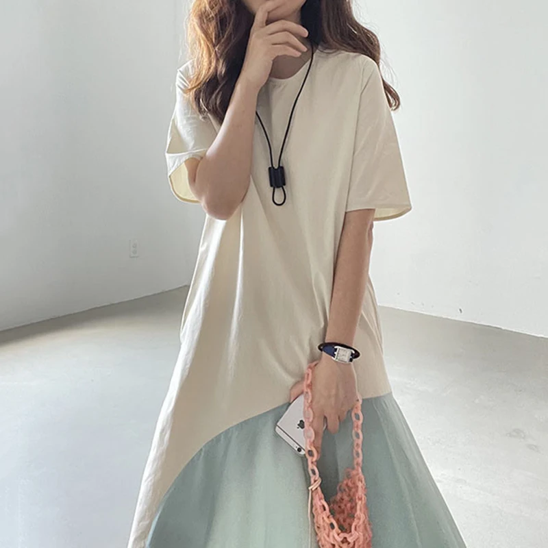 Wholesale 2026 Summer Simple and Versatile Round Neck Contrast Color Stitching Loose Knee-length Large Swing Short-sleeved Dress