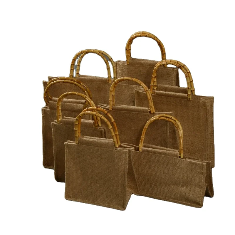 

Newest Design Top Quality Hessian Sack With Bamboo Handle, Shopping Bags, Waterproof Bag For Stoge, Primary color of jute