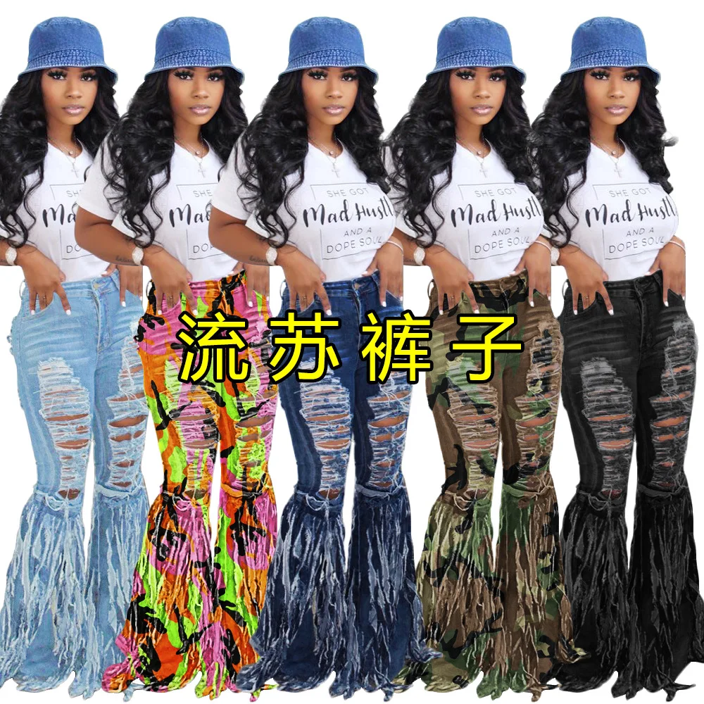 

Fringed Brushed Denim Ripped Women's Jeans Casual Flared Plus Size Jeans Pants Women's Pants & Trousers