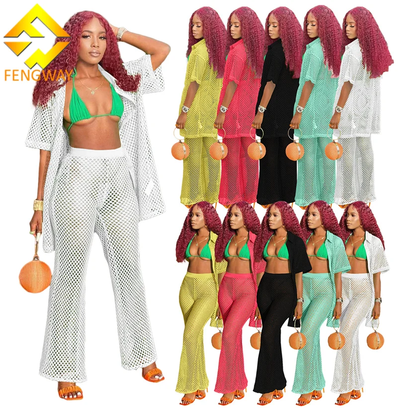 

Fengway 2022 New Summer Seaside Vacation Set Women's Long Shirt Sets Hollow Out Two Piece Pants Set