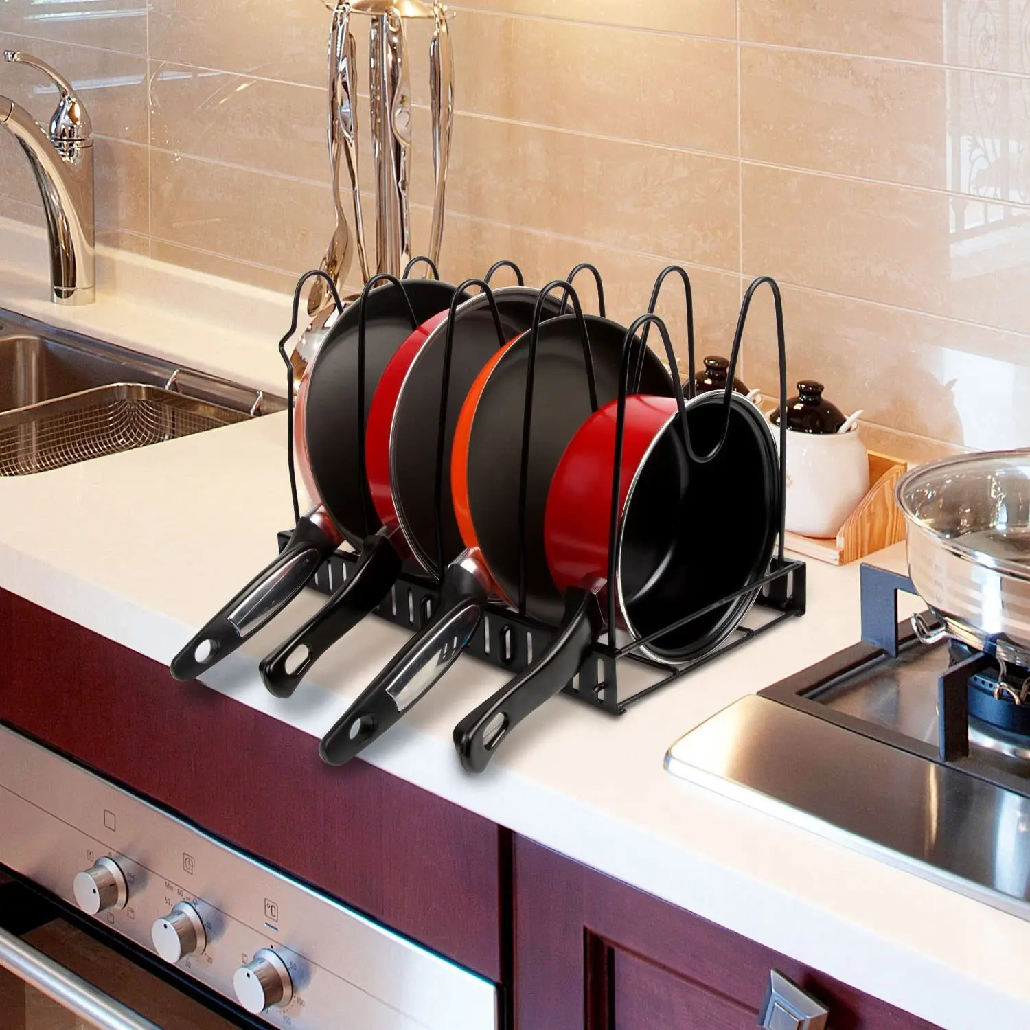 

Black Rusty-proof Frying Pan Lid Cover Organizer Draining Display Rack For Cabinet