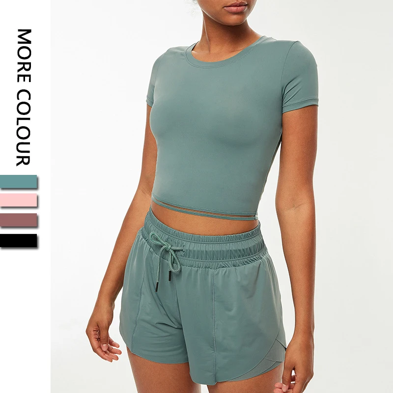 2022 2 Pieces Fitness Set Sports Top Women Open Navel Short Sleeve Fitness T-shirt Yoga Top Running Yoga Suit