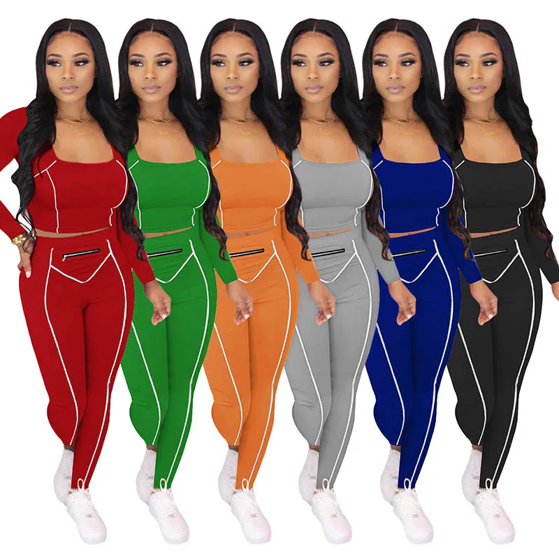 

Two piece set women clothing Solid Color Long Sleeve Zipper Sports Pant Set