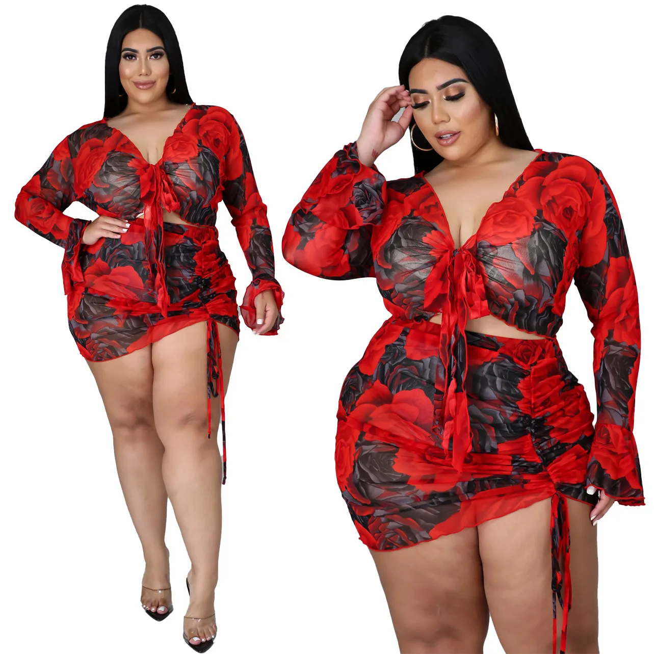 

2021 new arrivel Hot style printing skirt set drawstring long sleeves large size polyester net printing sexy nightclub two sets, 3 different color