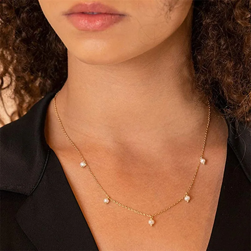 

Non Tarnish Dainty Women Jewelry Collar De Perlas 18k Gold Plated Geometric Pearl Pendants Necklace Charms