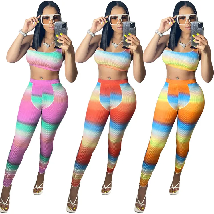 

2021 Summer Ladies 2 PCS Outfits Gradient Print Rib Yoga Women Two Piece Set, Picture