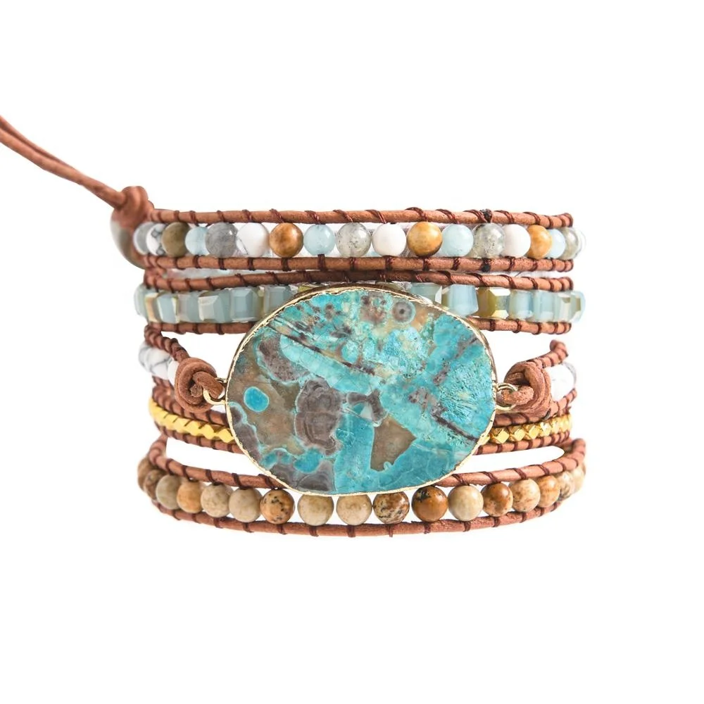 

Natural Charm Latest Leather Wrap Beaded Huge Ocean Stone Bracelet Boho Chic Jewelry, Multi-colors