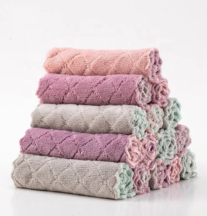 

Hot Selling Double sided Rag Kitchen Absorbent Coral Fleece Dish Cloth