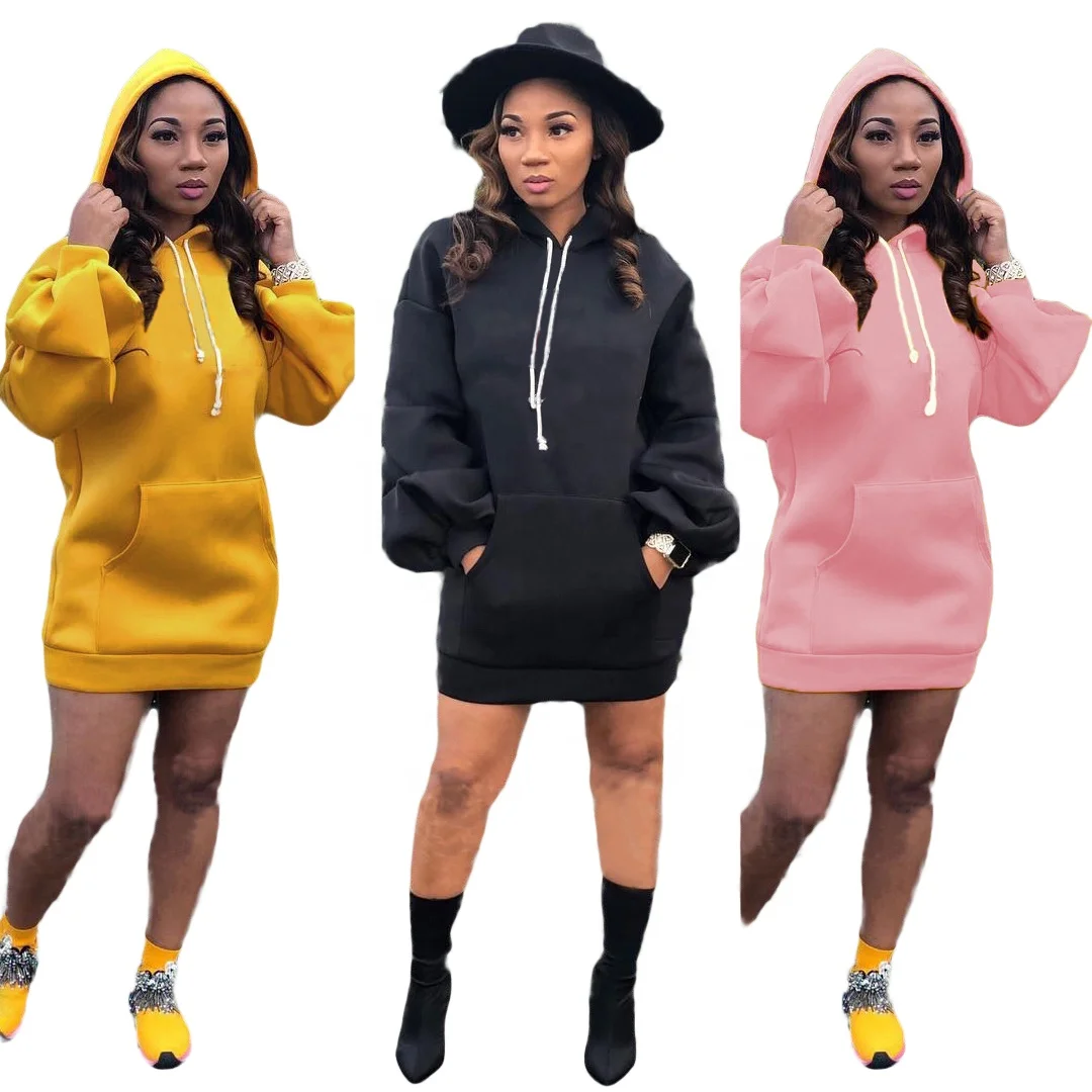 
QC-A8270 Stylish loose korean clothes womens casual solid color hoodie dresses with pocket puff sleeve plus size women clothing 
